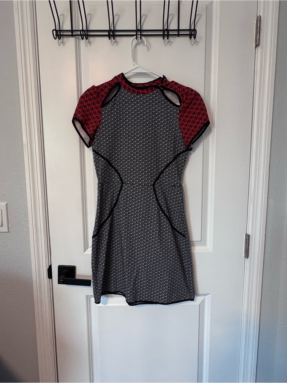 Red & Black Patterned Short Sleeve Fit-and-Flare Dress